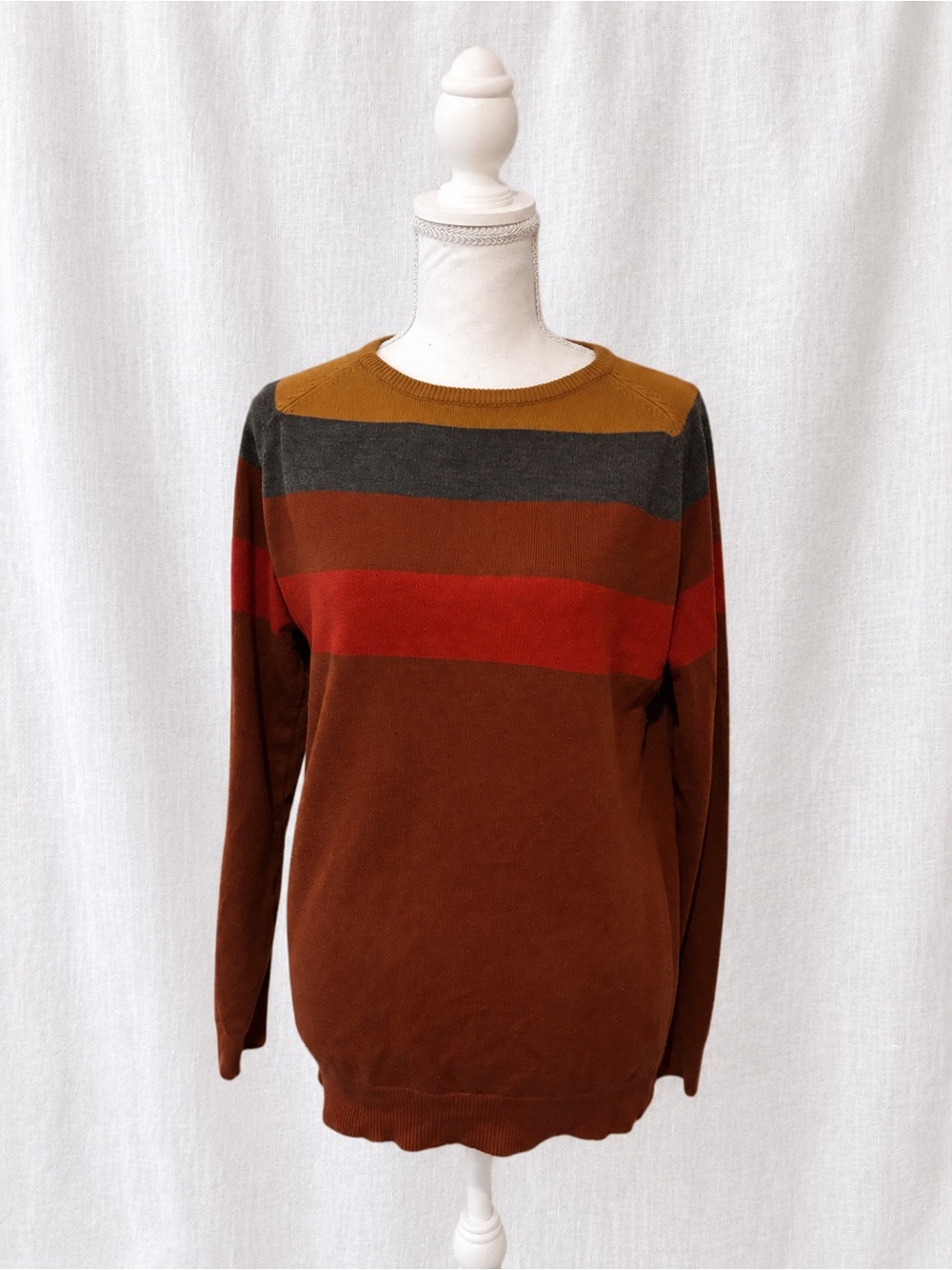 Men's Crewneck Sweater in Brown with Rust and Mustard Stripes